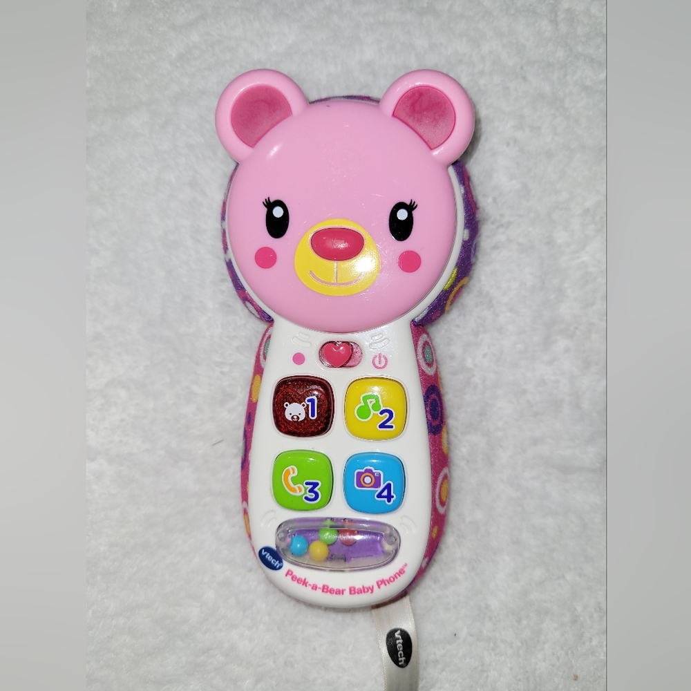 V-Tech Peek-a-Bear Pink Baby Toy Phone Interactive Light & Sound - Working Order